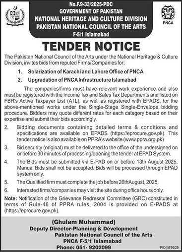 National Heritage & Culture Division Islamabad Tender Notice